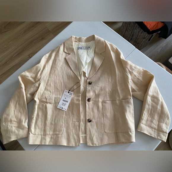 Zara 100% Linen Blazer Jacket Coat Beige Cream Neutral ZW Collection lined S NWT - Picture 16 of 16
